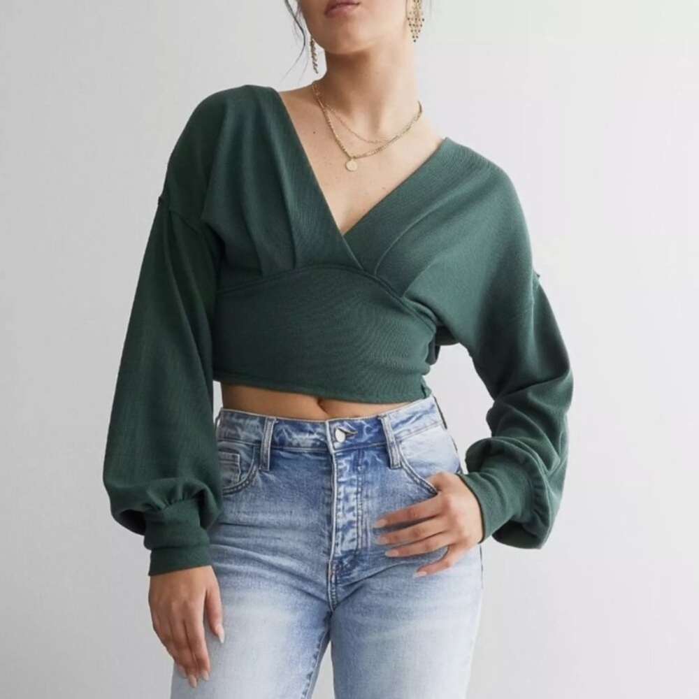 We The Free Green Bishop Sleeve Wrap Blouse